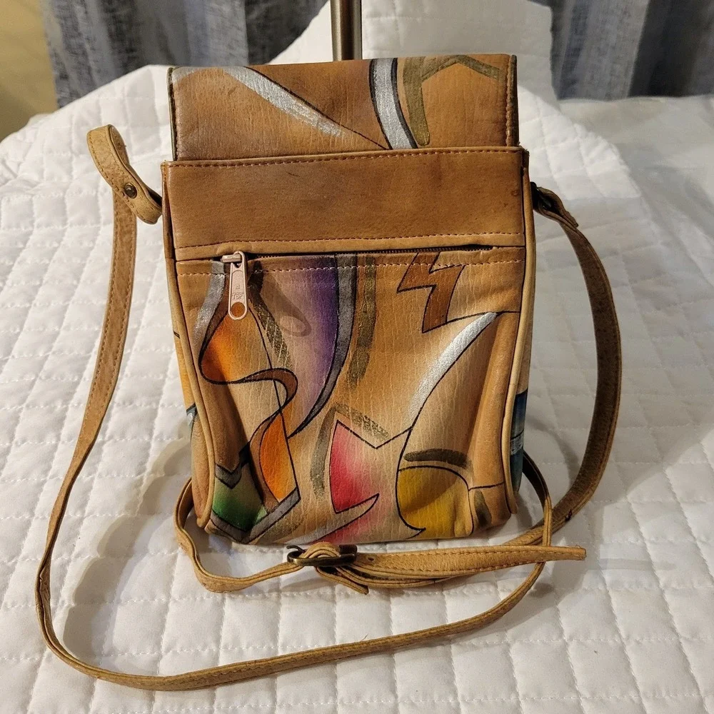 VTG Unique Hand Painted Abstract Art Leather Crossbody Purse Tan‎ Strap 70s 80s